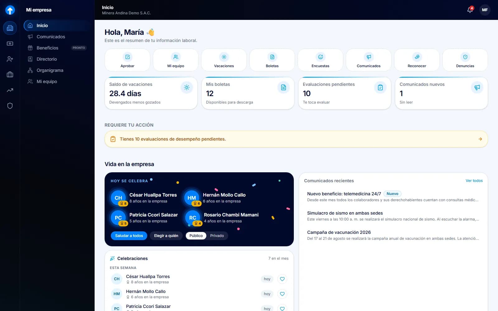 Inicio de una colaboradora en Level UP con accesos, saldo de vacaciones y boletas