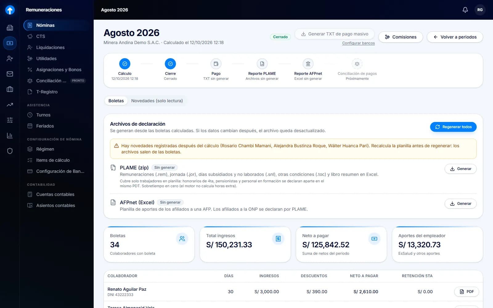 Periodo de planilla en Level UP con boletas calculadas por colaborador